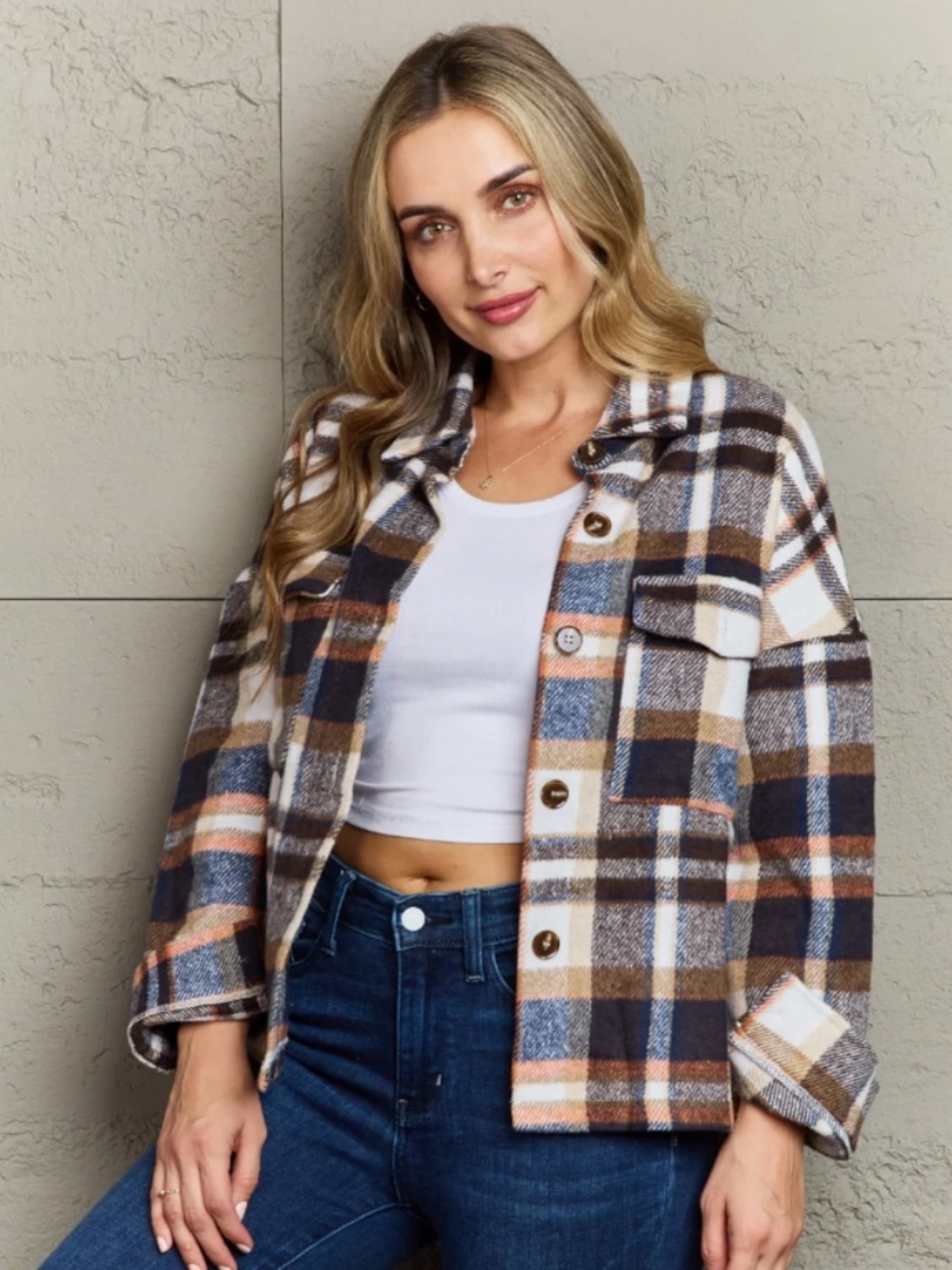 Bagatelle Collection Blue & Orange Plaid Flannel Cropped Button Front Shack -L